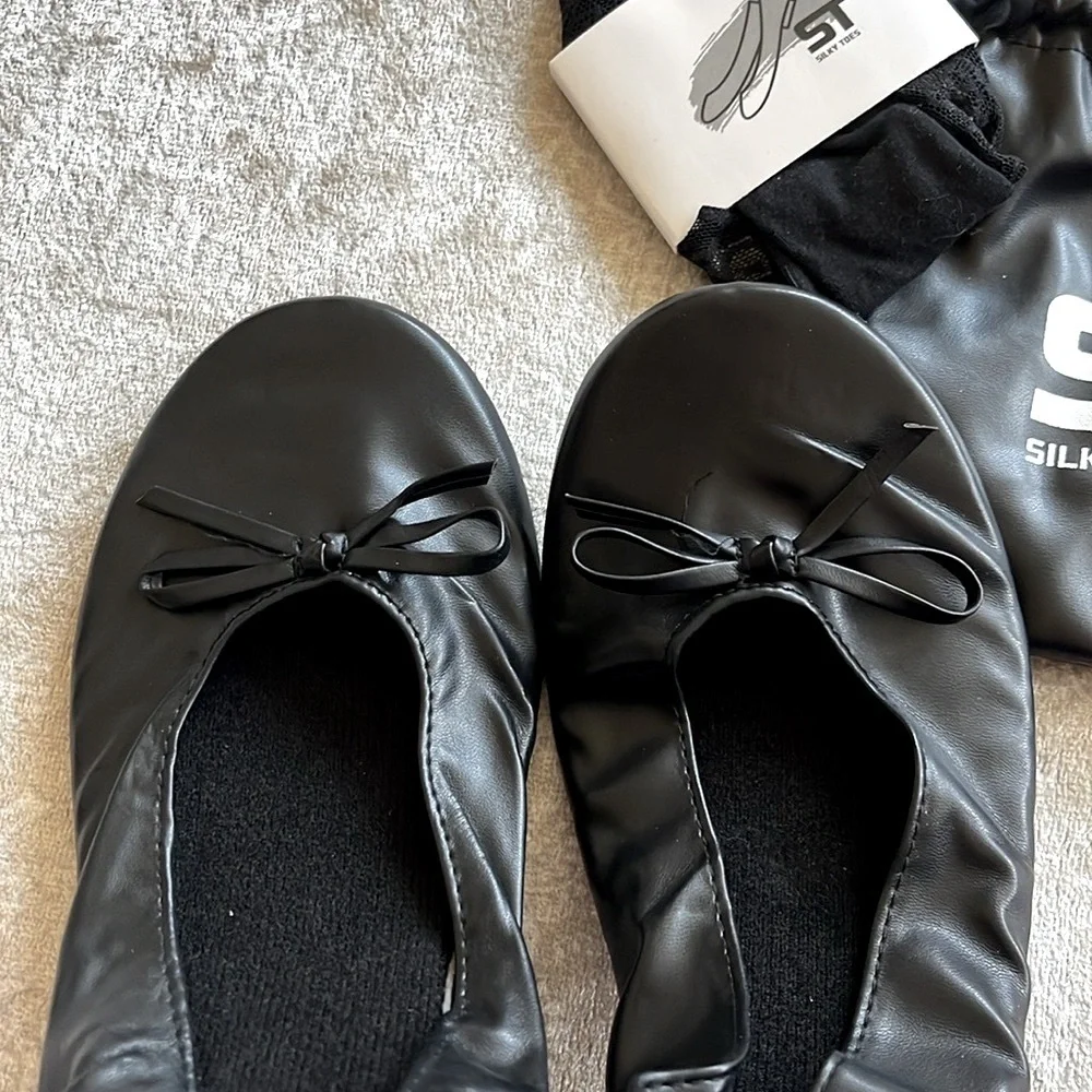 Brand New Foldable Black Bow Flats Travel Ballet Shoes Ballerina Slippers Purse